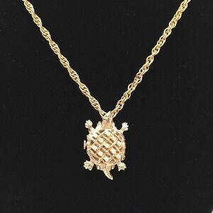 Vtg Turtle Watch Pendant Necklace 23" Endura Swiss Locket Brooch Gold Tone Pin